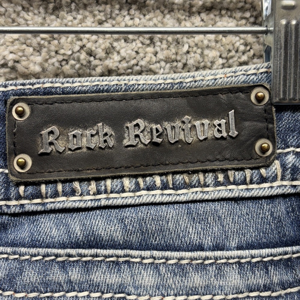 Rock Revival Jen Straight Leg Jeans Rhinestone‎ Distressed Frayed Size 28(30x28) - Picture 6 of 16